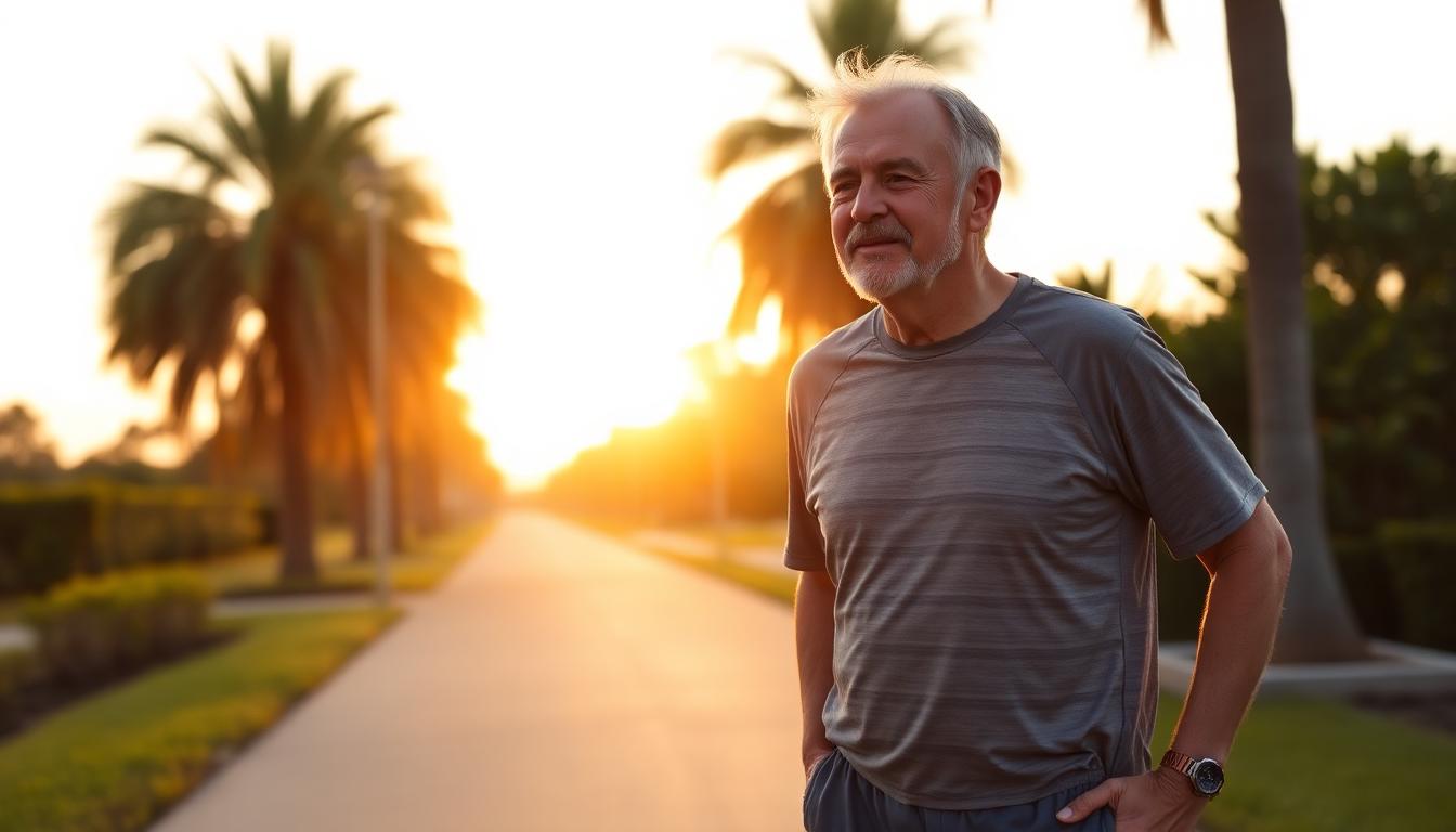 An older man walking outdoors for exercise during prostate cancer hormone therapy