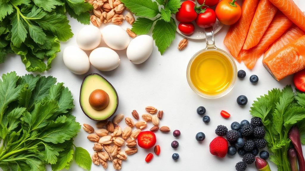 Whole unprocessed foods arranged to represent a low-sugar anti-inflammatory way of eating