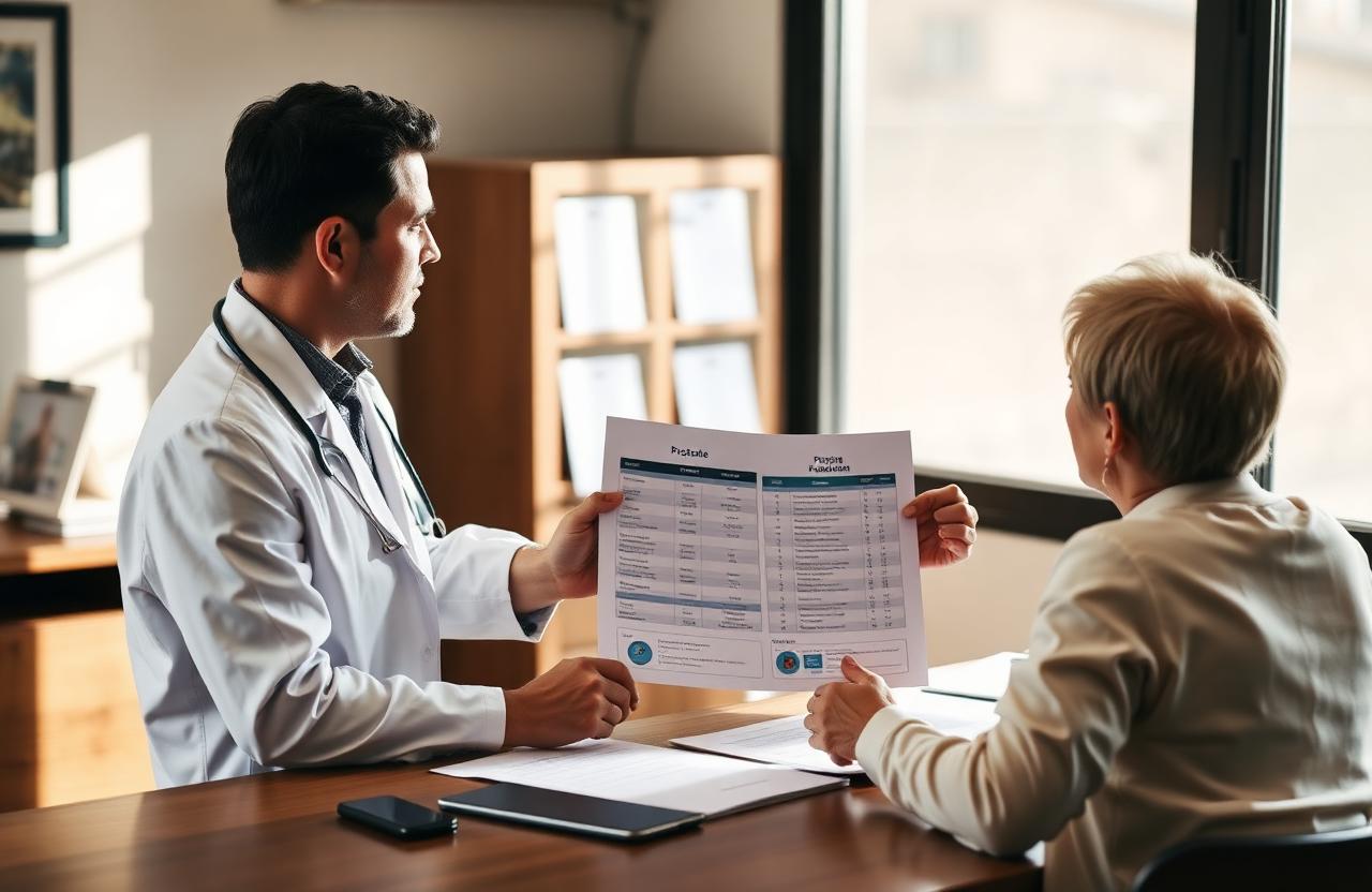 A physician reviewing a prostate pathology report and PSA chart with a patient