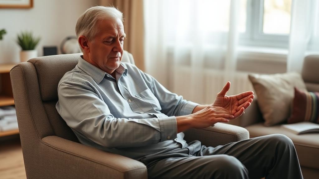 An older man exercising at home to regain bladder control after prostate surgery
