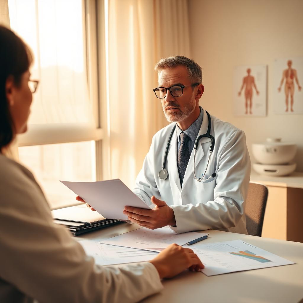 A physician explaining prostate cancer treatment options to a patient at a desk