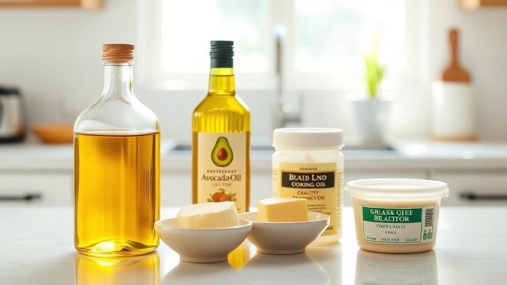 Healthy cooking fats like olive oil, avocado oil, and butter on a kitchen counter