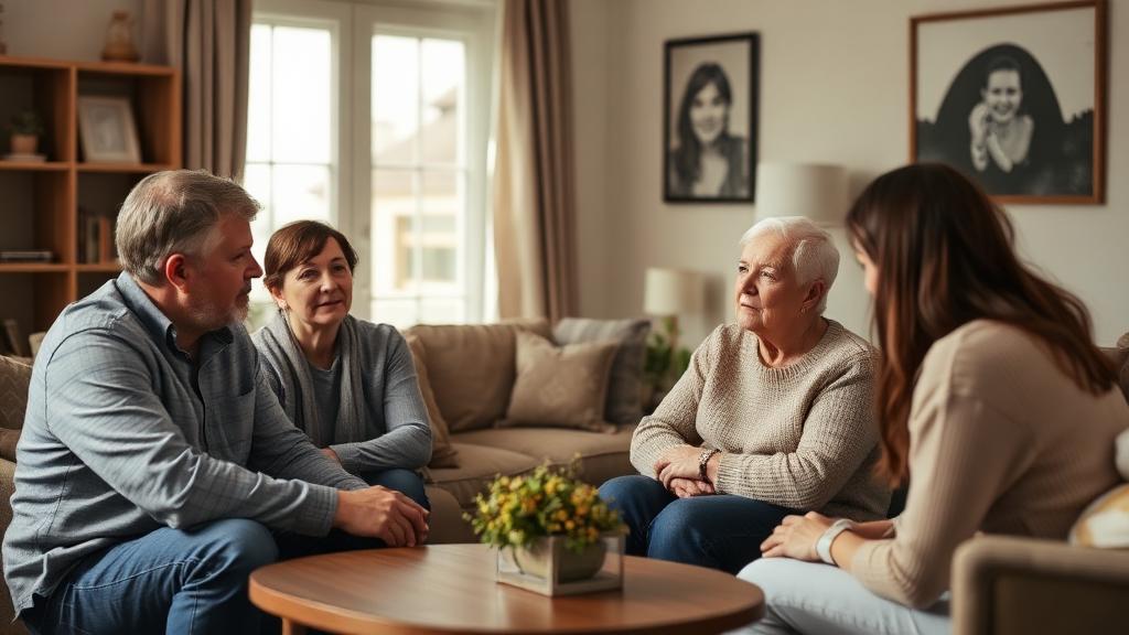 A family sitting together having an honest, supportive conversation at home