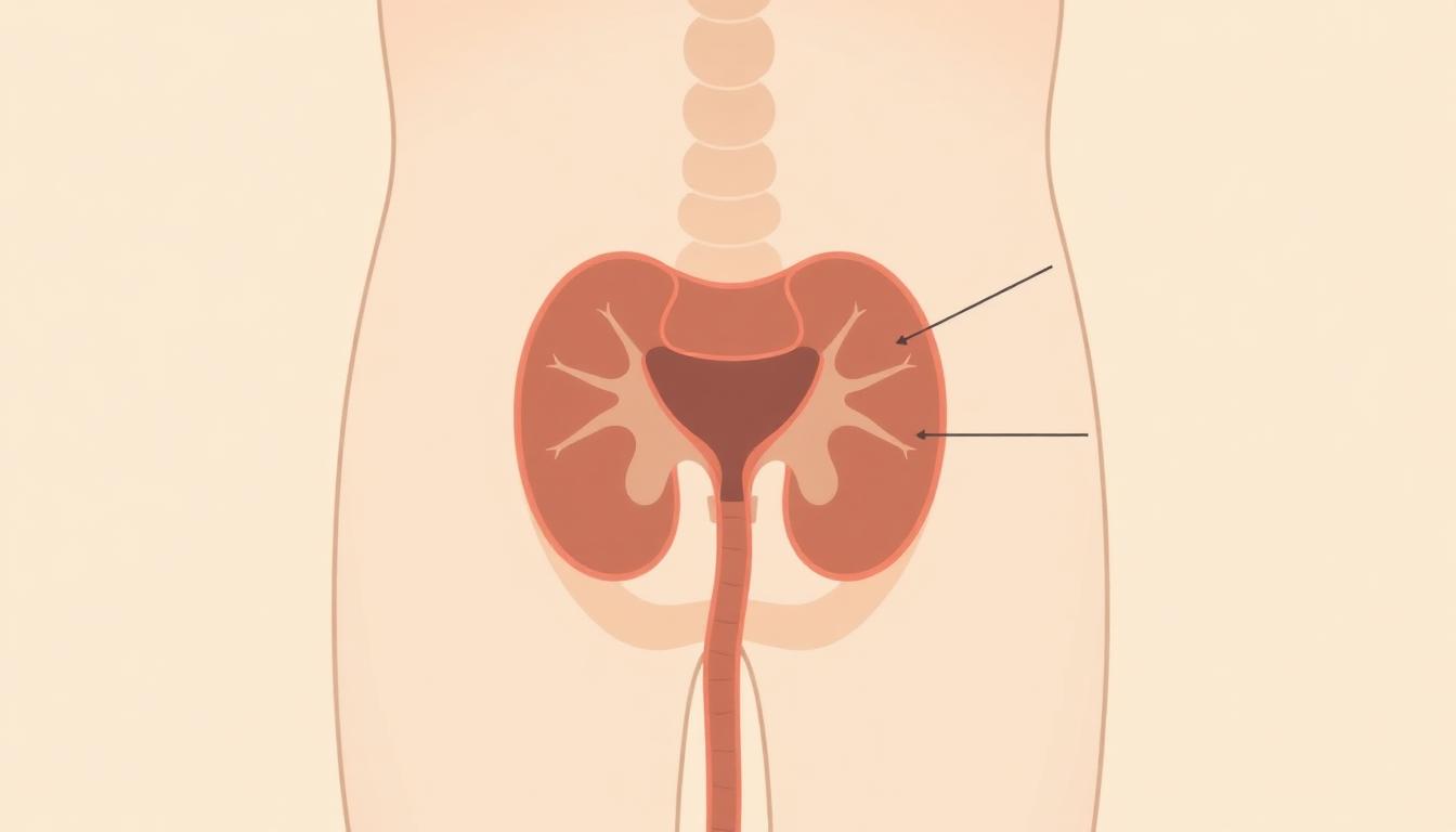 A simple anatomical illustration of the prostate gland between the bladder and rectum