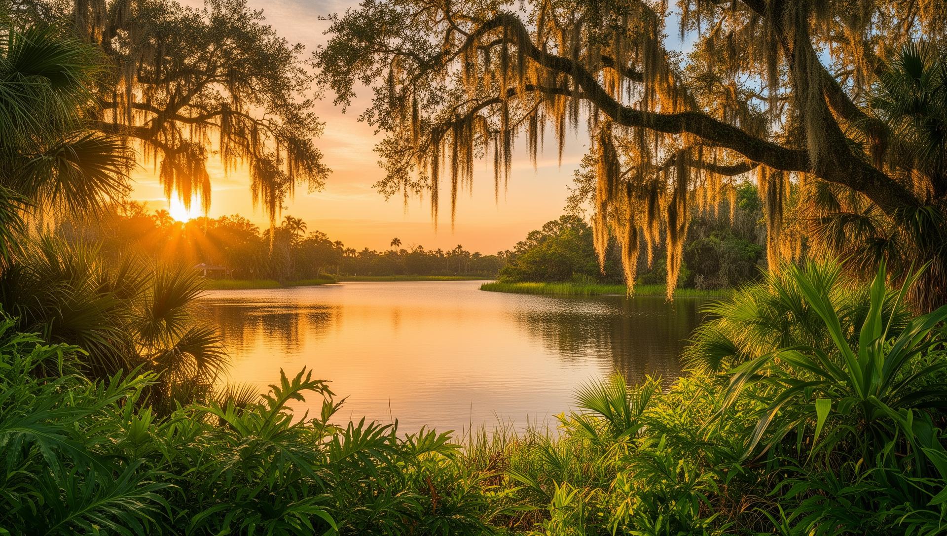 Beautiful Florida sunrise over a serene lake with Spanish moss oak trees