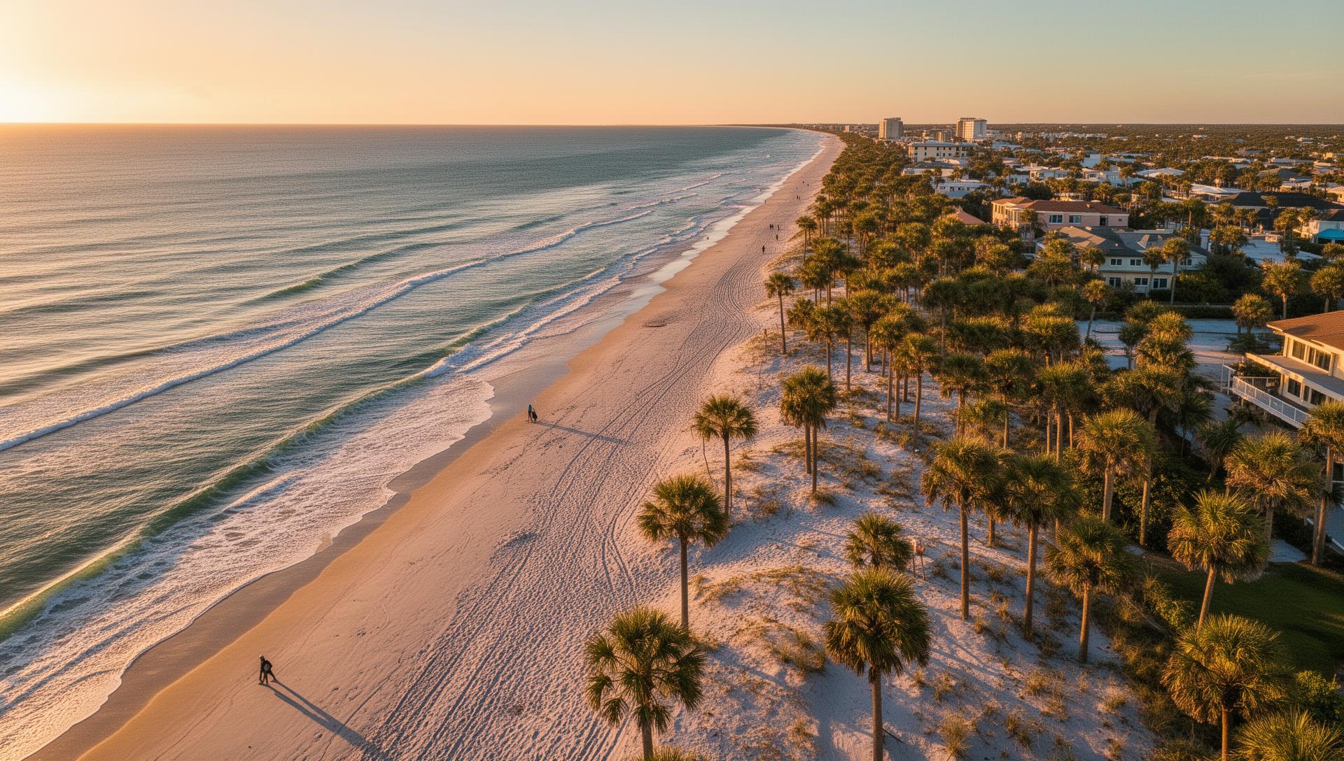 Aerial view of Ormond Beach, Florida coastline at golden hour